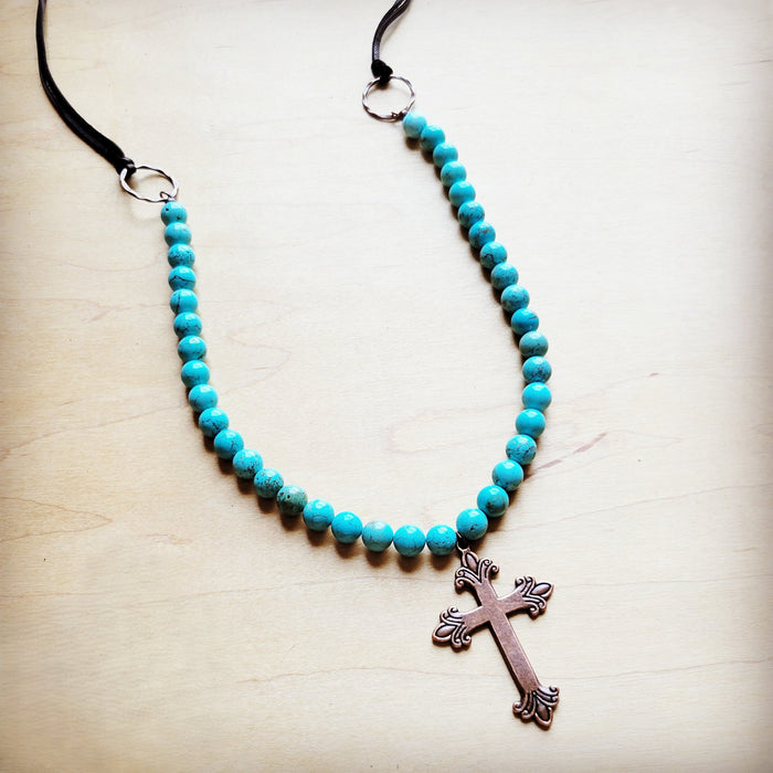 **Frosted Magnesite Beaded Necklace w/ Copper Cross 258i