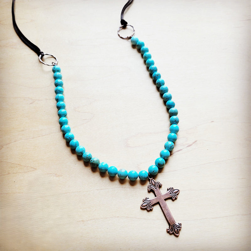 **Frosted Magnesite Beaded Necklace w/ Copper Cross 258i