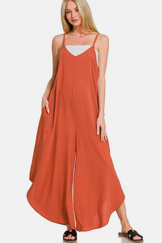 Spaghetti Strap Wide Leg Overalls with Pockets