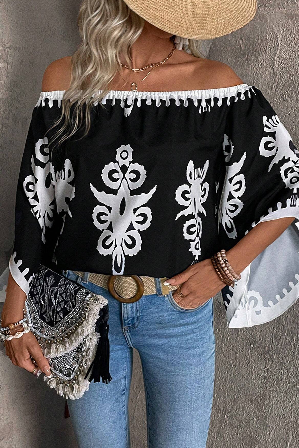 Black Abstract Print Off Shoulder Flounce Sleeve Blouse