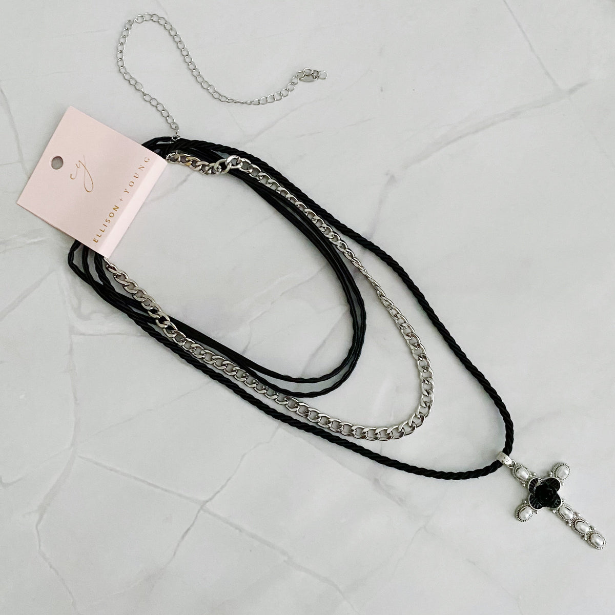 Layered Black Rose Cross Necklace