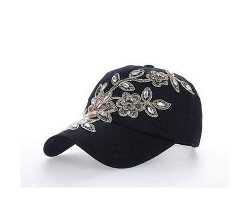 Gorra de béisbol vaquera con bordado de diamantes y flores