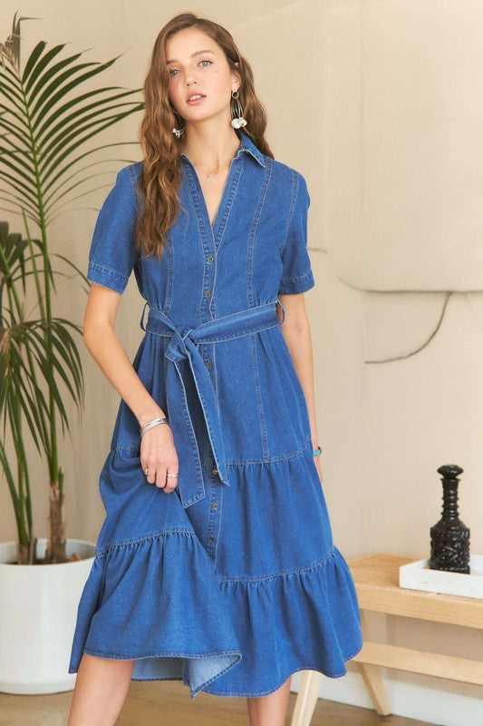 Tiered Button Down Tie Waist Short Sleeve Denim Dress