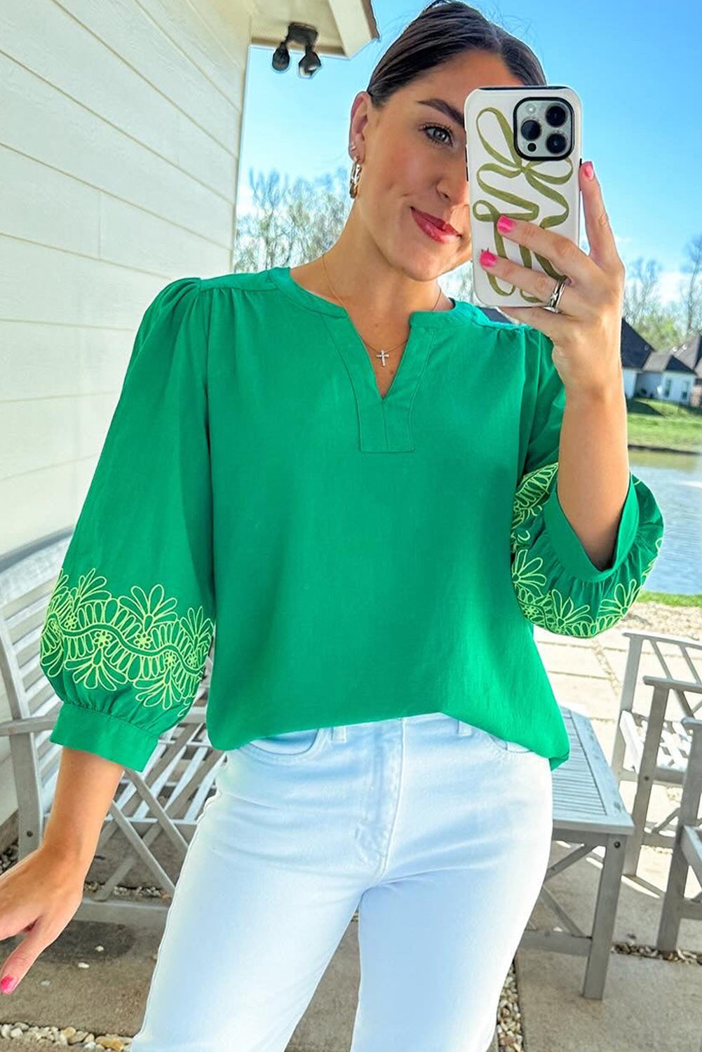 Green Floral 3/4 Sleeve Notched V Neck Blouse