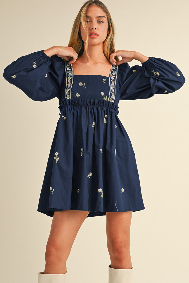 Blue Floral Embroidered Puff Sleeve Babydoll Dress