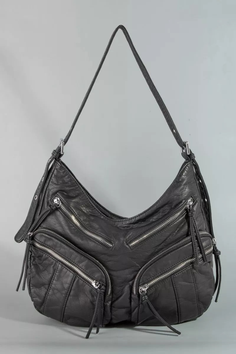 Fame Multi Zipper Pocket Leather Hobo Bag by Trendsi featuring multiple zippers and spacious design in soft leather.