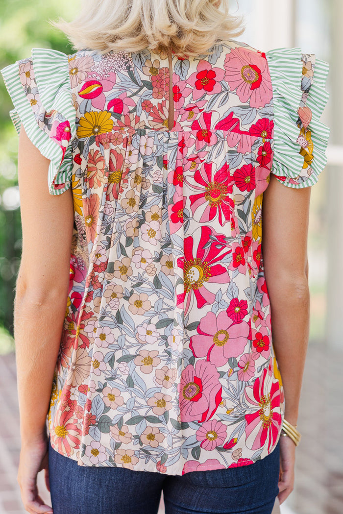 Pink Floral Print Ruffle Trim Pleated Boho Blouse