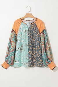 Green Floral Patchwork V Neck Lantern Sleeve Plus Size Blouse