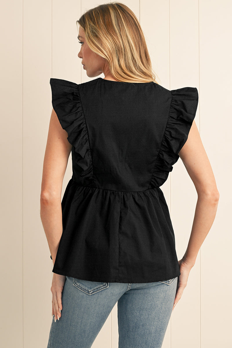 Black Ricrac V Neck Ruffle Sleeveless Blouse