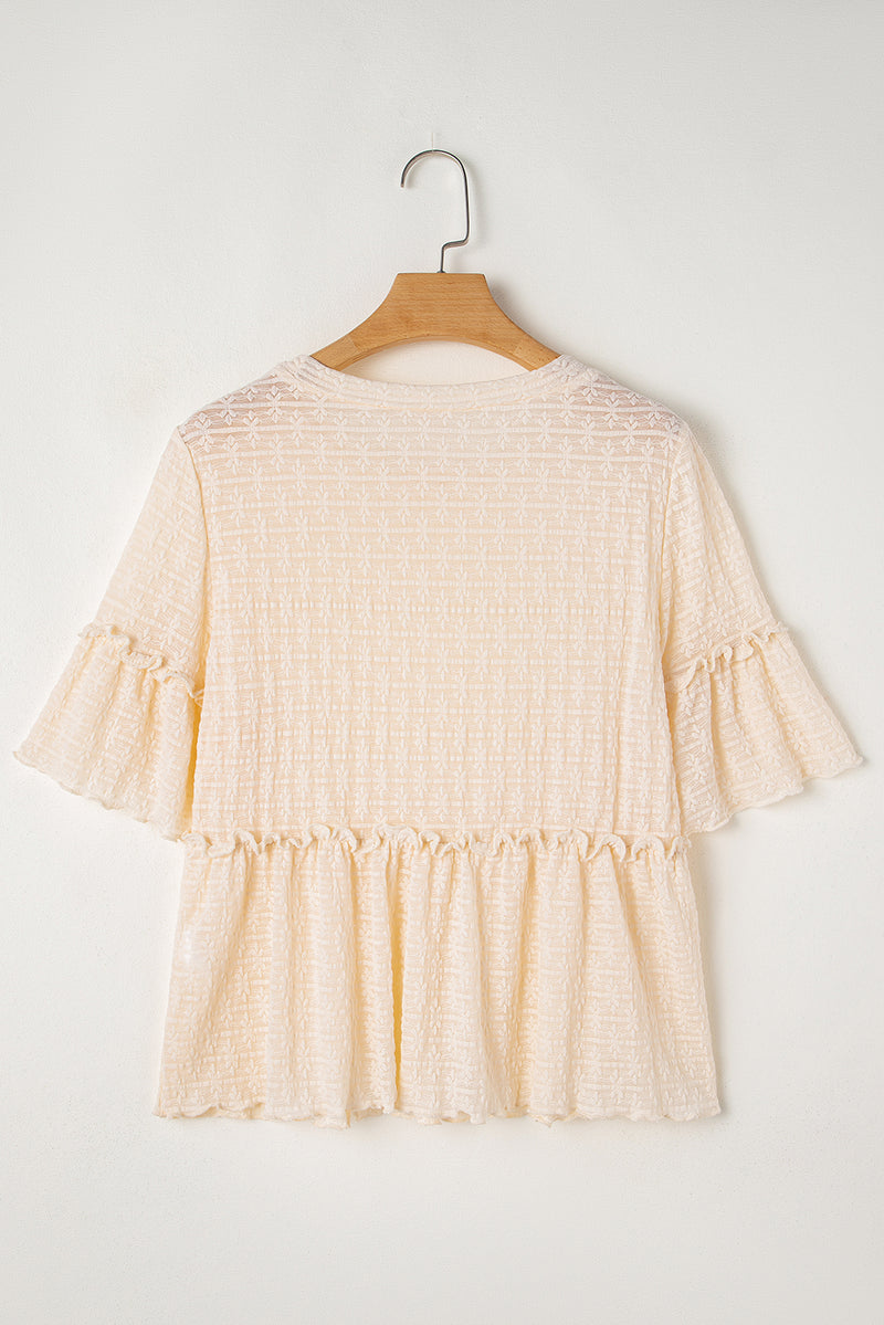 Beige Solid Color Lace Textured Ruffle Blouse