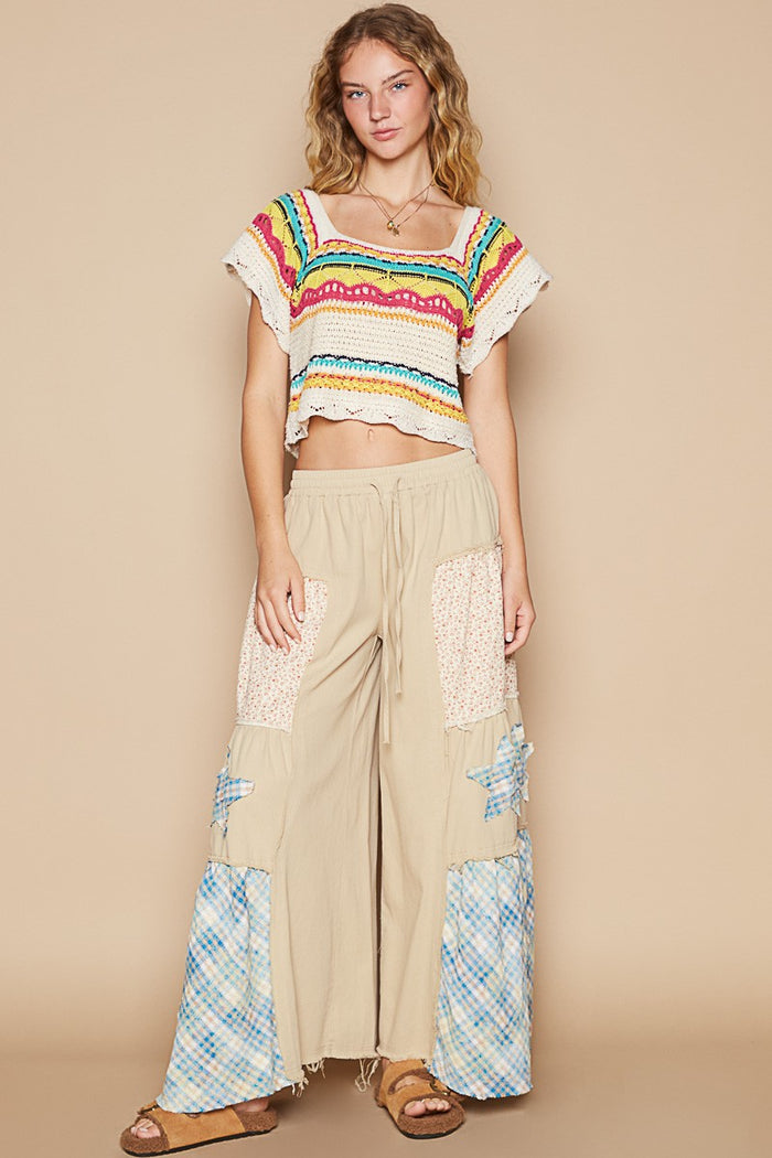 Openwork Ethnic Pattern Square Neck Cropped Knit Top