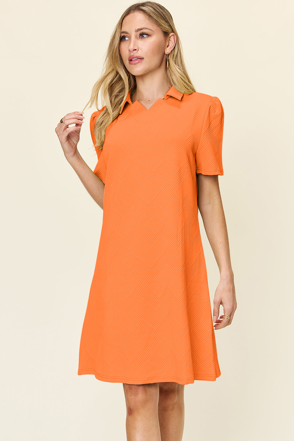 Double Take Texture Collared Neck Short Sleeve Dress