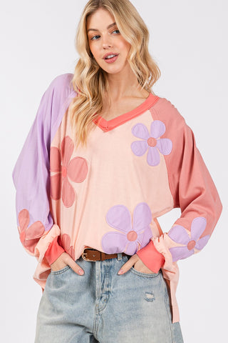 SAGE + FIG Daisy Applique Patch Color Block Long Sleeve Top