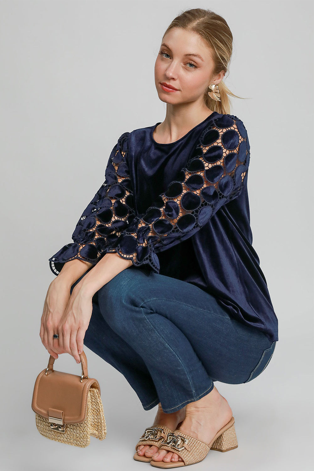 Polka Dot Lace Long Sleeve Round Neck Blouse