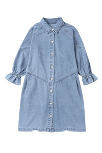 Light Blue Casual Buttoned Ruffle Denim Short Dress