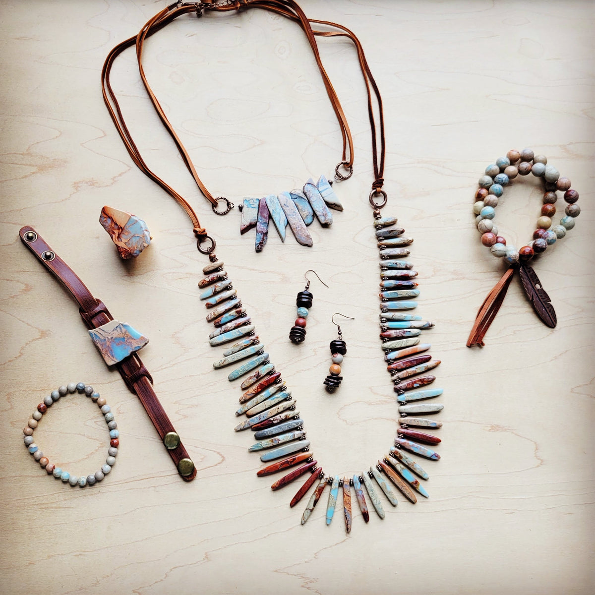 Aqua Terra Slab Necklace with Genuine Leather Ties 250b