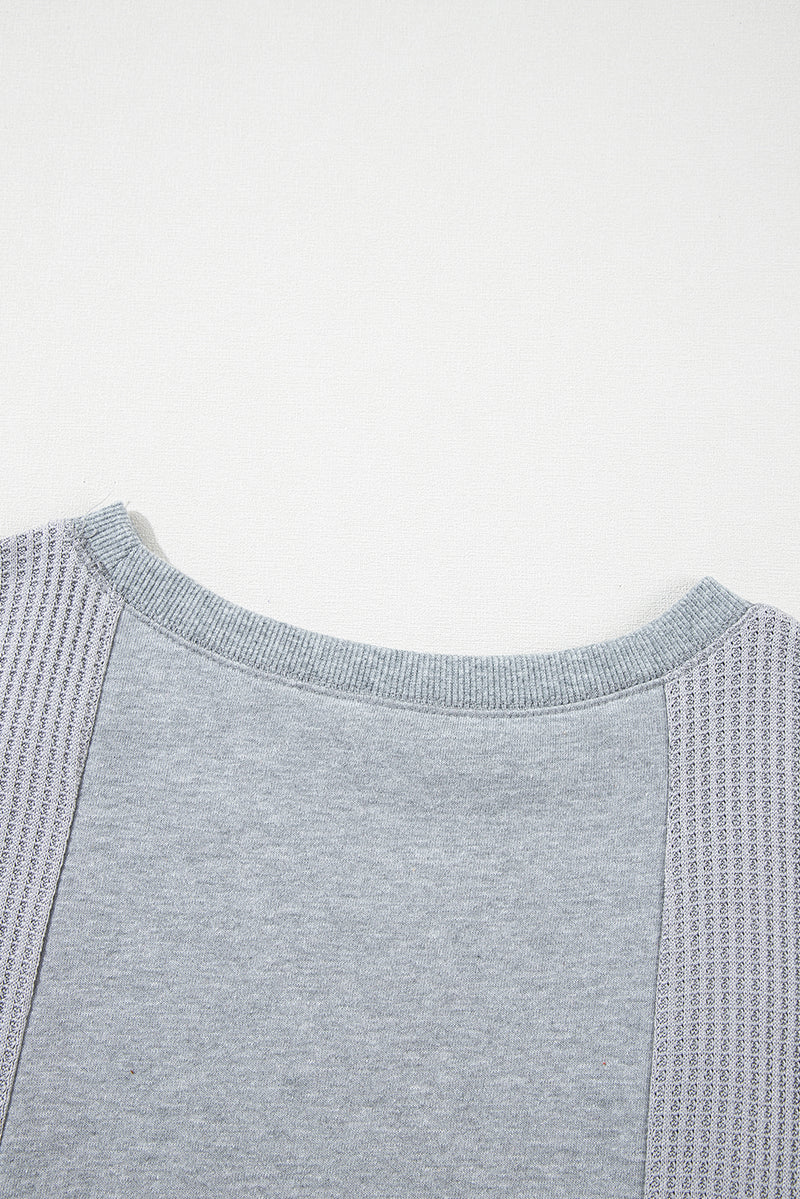 Light Grey Waffle Patchwork Long Sleeve Pullover Top