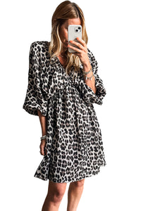 Pink V Neck 3/4 Puff Sleeve Leopard Print Dress