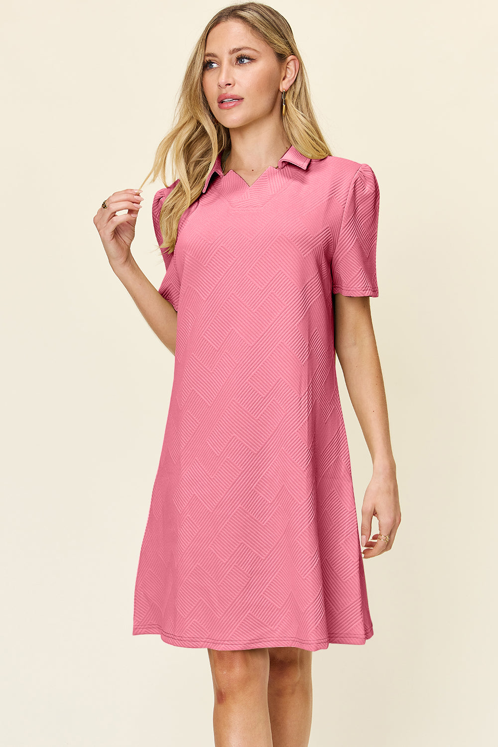 Double Take Texture Collared Neck Short Sleeve Dress