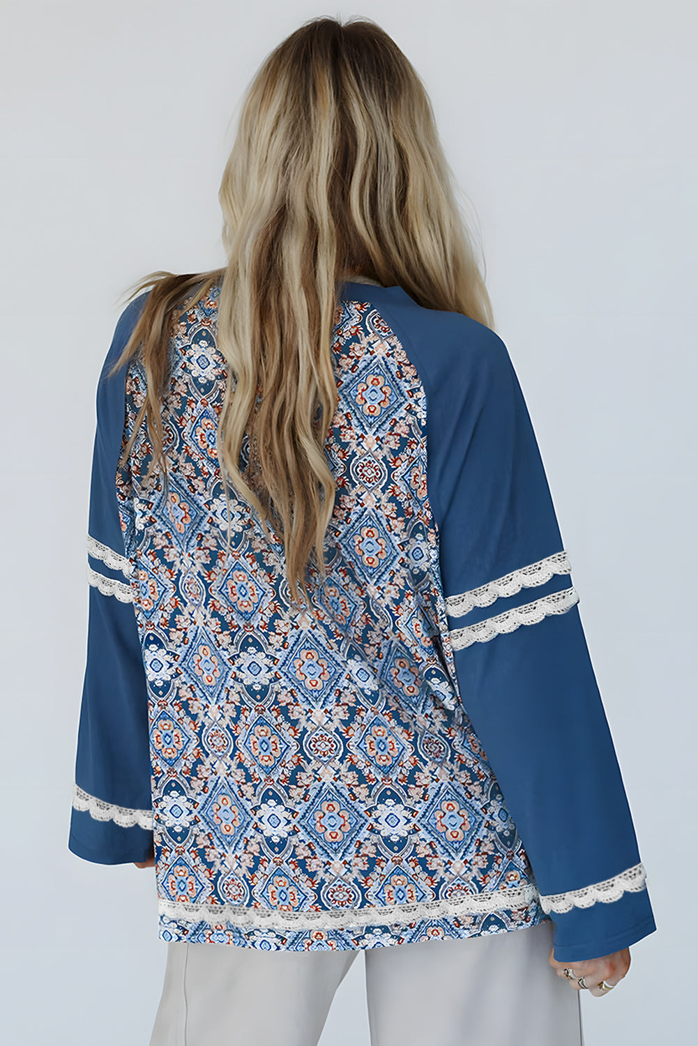 Blue Boho Geometric Print Lace Ricrac Raglan Sleeve Blouse