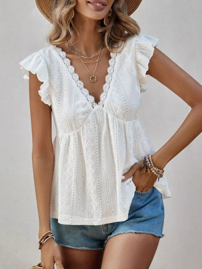 Ruffle sleeve V-neck blouse by Trendsi showing soft fabric and stylish ruffle detailing on the sleeves.