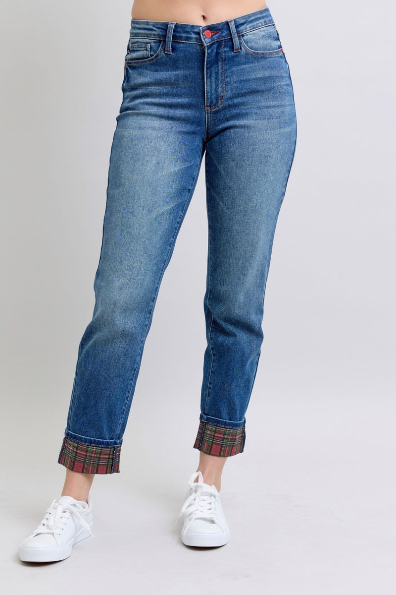 Plaid Print Cuff Straight Leg Jeans with Pockets