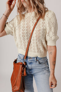 Beige Hollowed Knit Plain Puff Sleeve Top