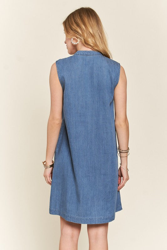 Notched Sleeveless Denim Dress with Pockets