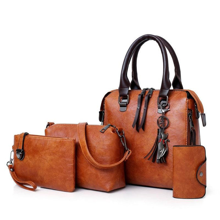 Vintage Leather 4-Piece Messenger Bag Set | Luxury Leather Tote, Clutch & Wallet Set