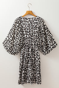 Pink V Neck 3/4 Puff Sleeve Leopard Print Dress