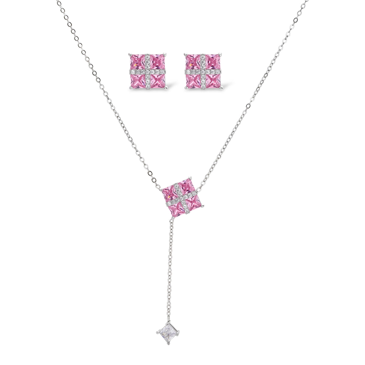 White gold plated jewelry set with pink cubic zirconia stones in geometric cross design, featuring Y-necklace and square stud earrings