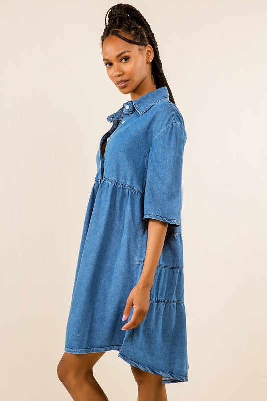 Fashionable Short Sleeve Shirt Denim Dress