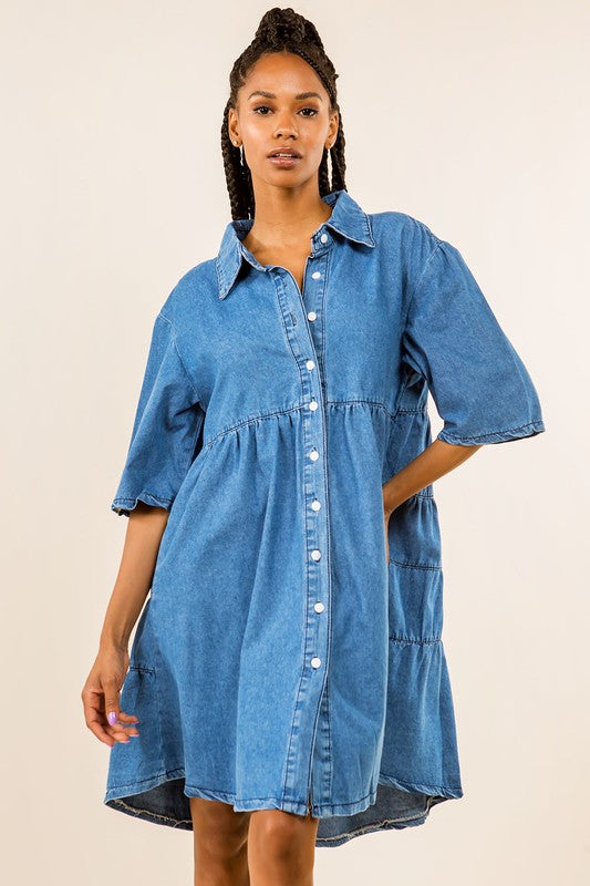 Fashionable Short Sleeve Shirt Denim Dress