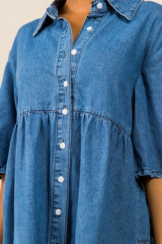 Fashionable Short Sleeve Shirt Denim Dress