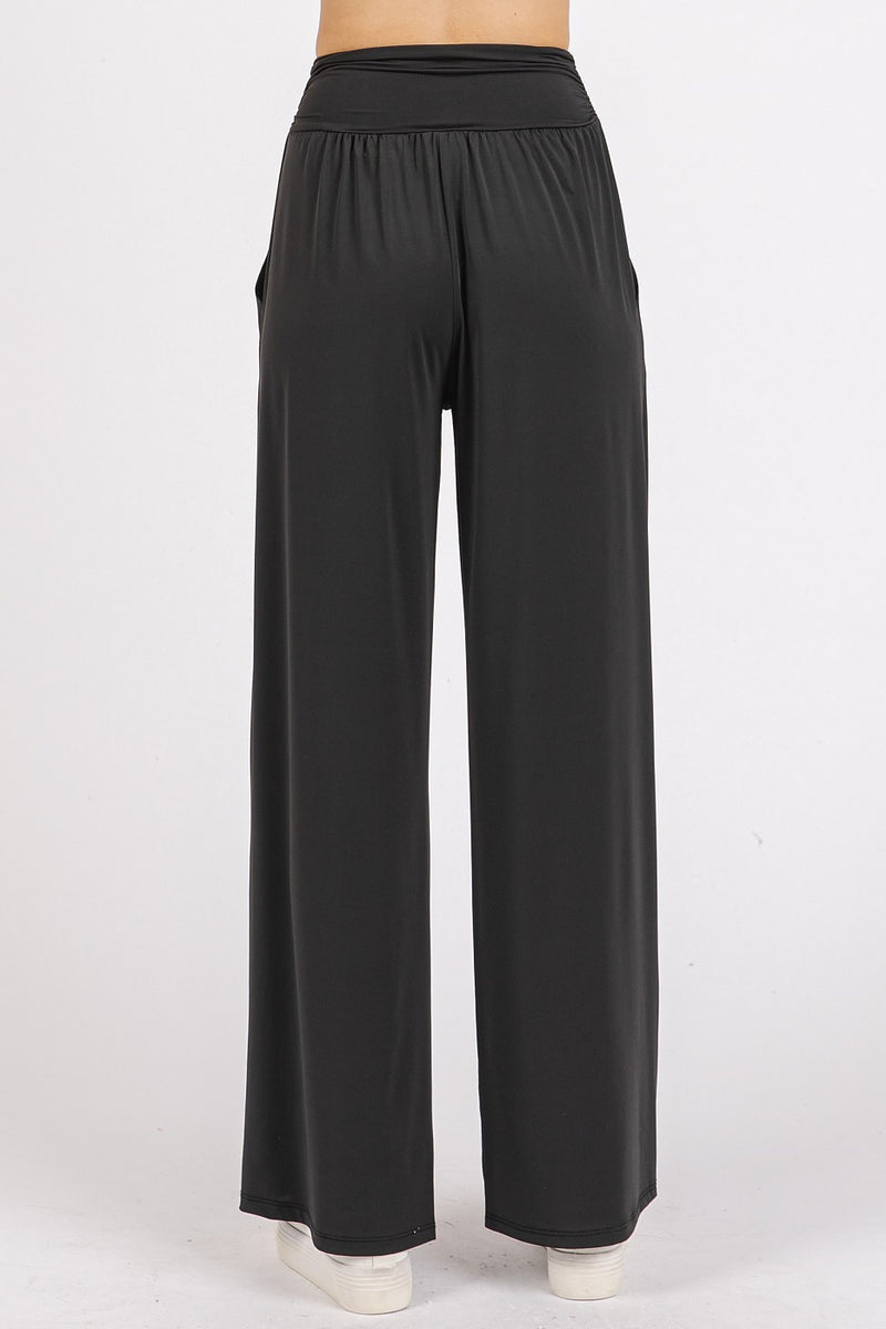 Stretch Banded Waist Wide Leg Pants with Pockets