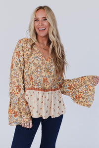 Yellow Floral V Neck Bell Sleeve Peplum Blouse