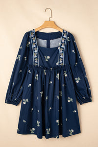 Blue Floral Embroidered Puff Sleeve Babydoll Dress