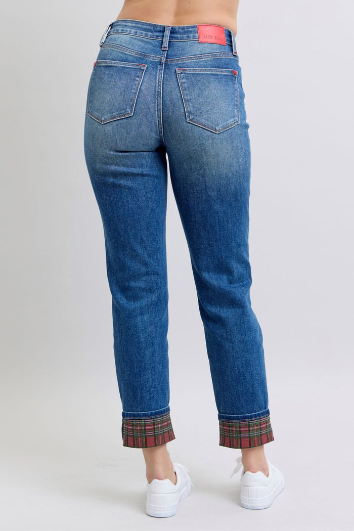 Plaid Print Cuff Straight Leg Jeans with Pockets