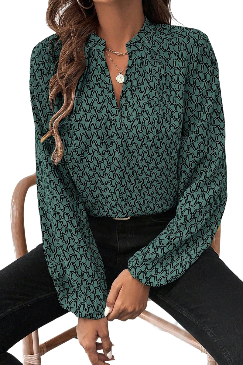 Khaki Geometric Print Notched Neck Long Sleeve Blouse