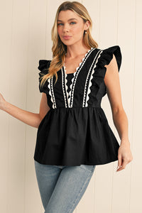 Black Ricrac V Neck Ruffle Sleeveless Blouse