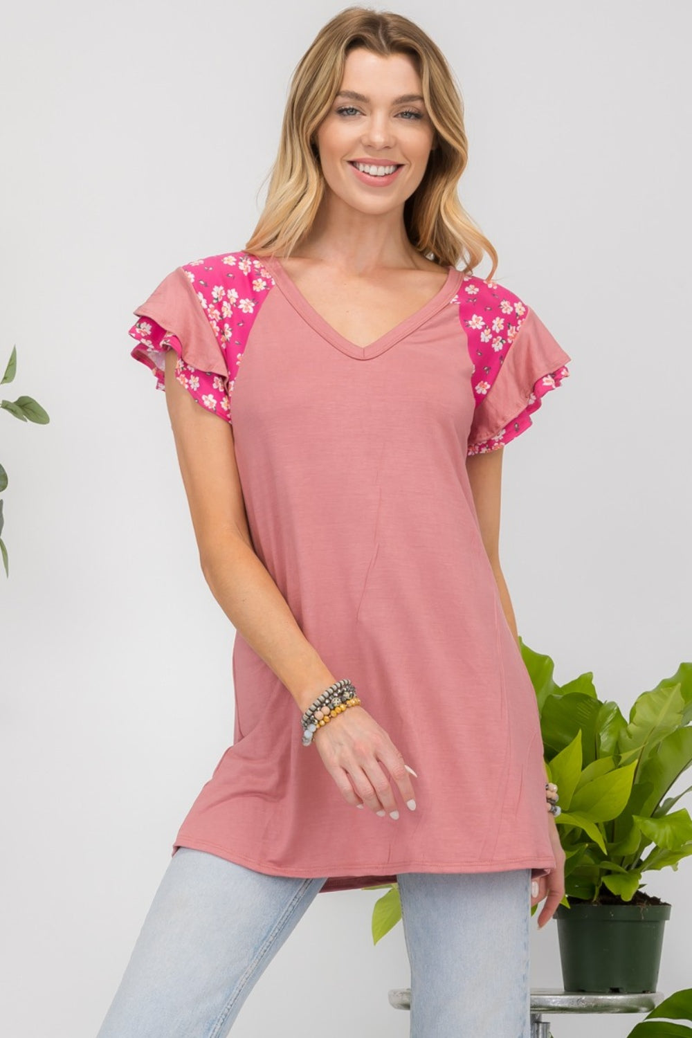 Celeste Floral Contrast Short Sleeve Top