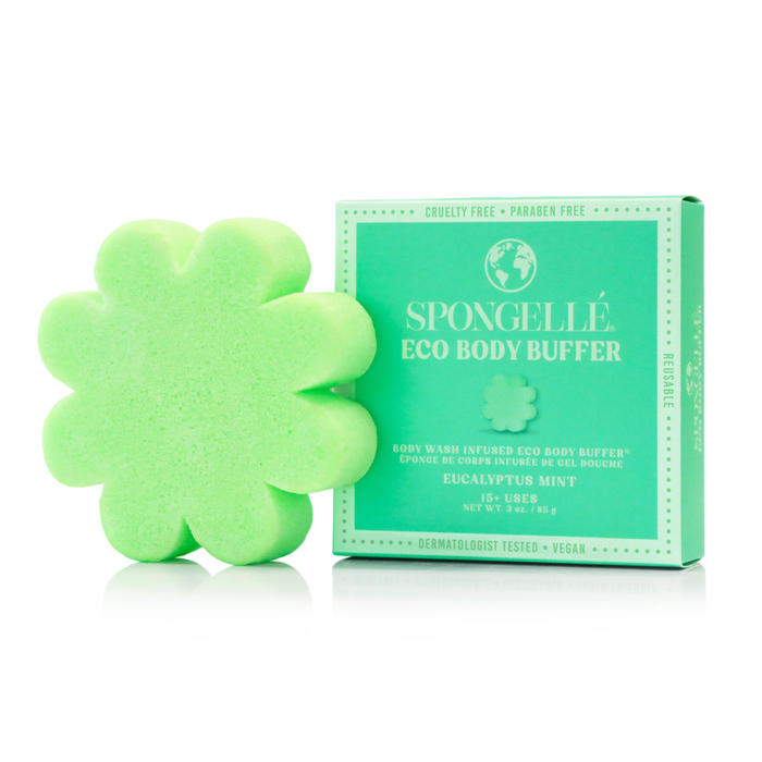Spongellé Eucalyptus Mint Eco Body Buffer, a body wash infused buffer with fresh eucalyptus and mint scent, for gentle cleansing and exfoliation.