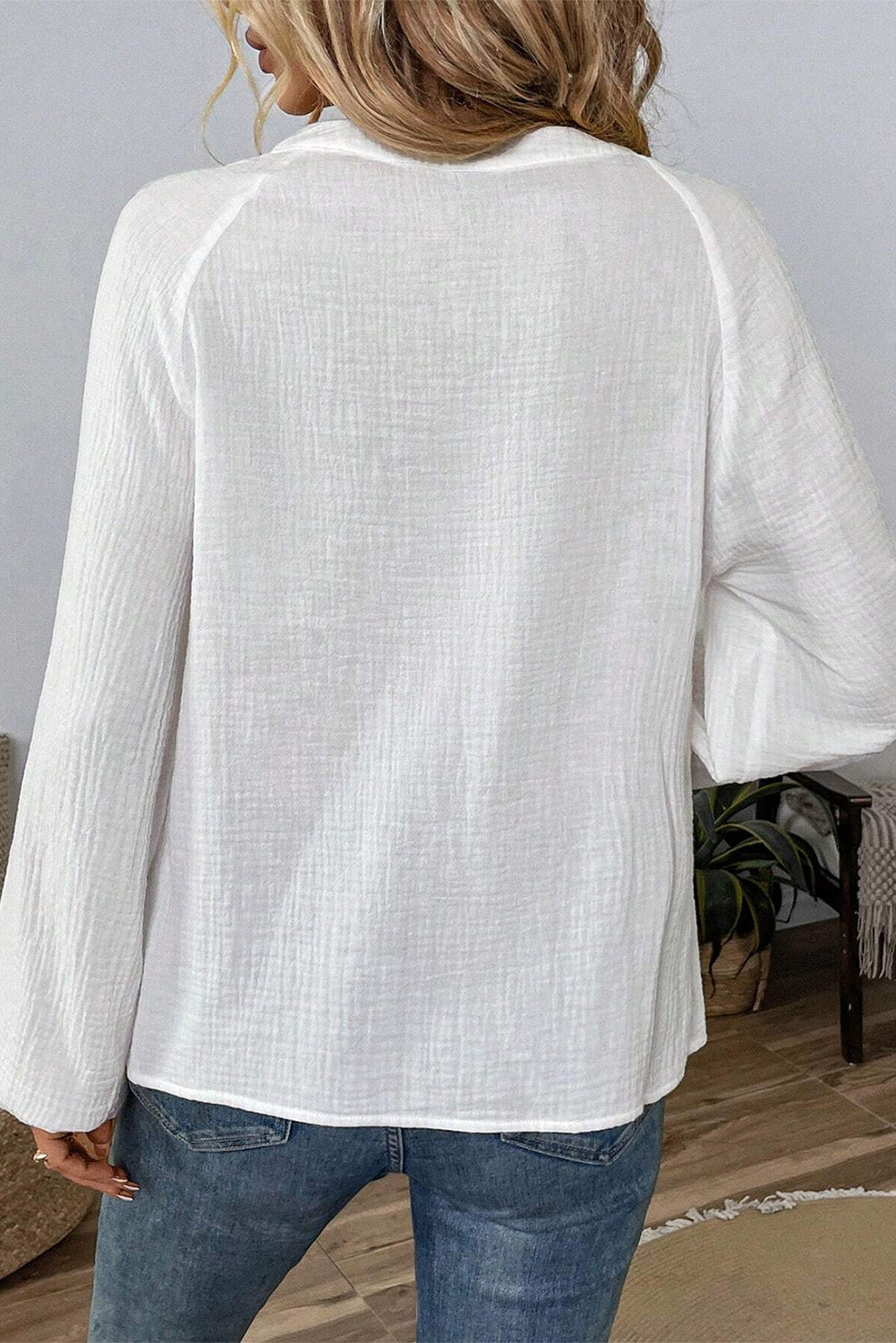 White Paisley Embroidered Crinkle Split Neck Blouse