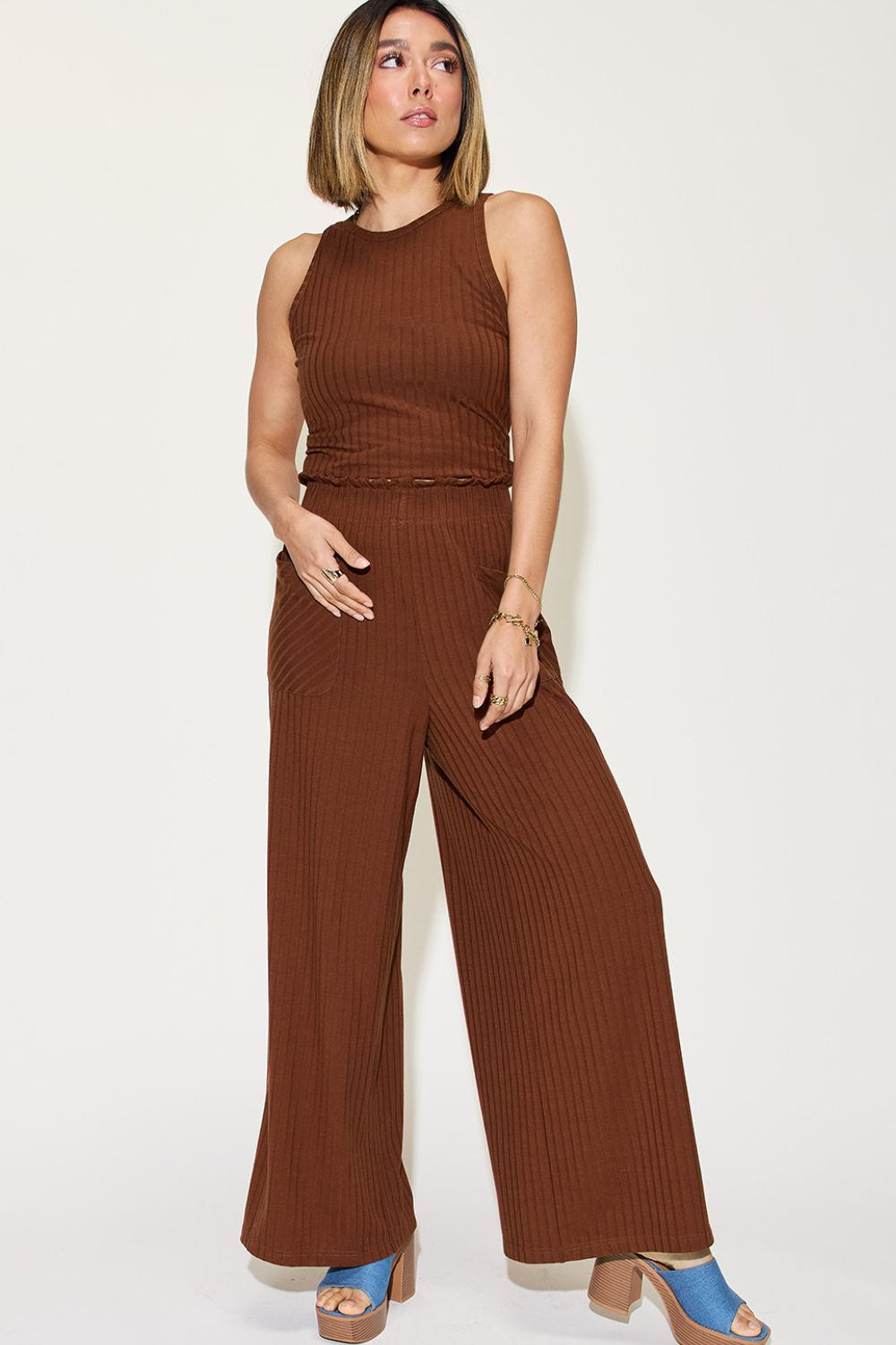 Basic Bae Ribbed Tank & Wide Leg Pants Set