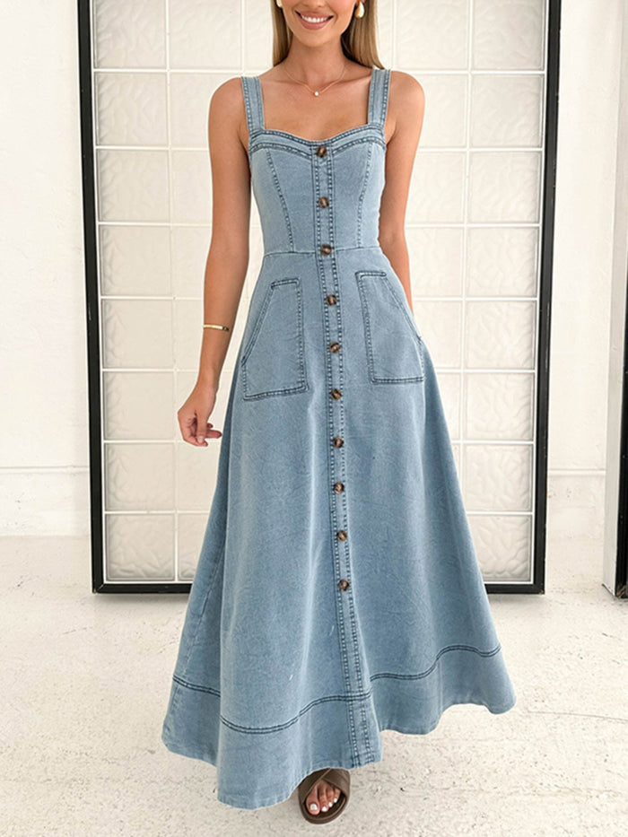 Button-front A-line denim dress from Trendsi featuring decorative buttons and a classic silhouette, suitable for casual wear.