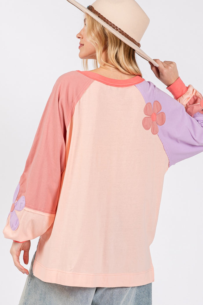 SAGE + FIG Daisy Applique Patch Color Block Long Sleeve Top