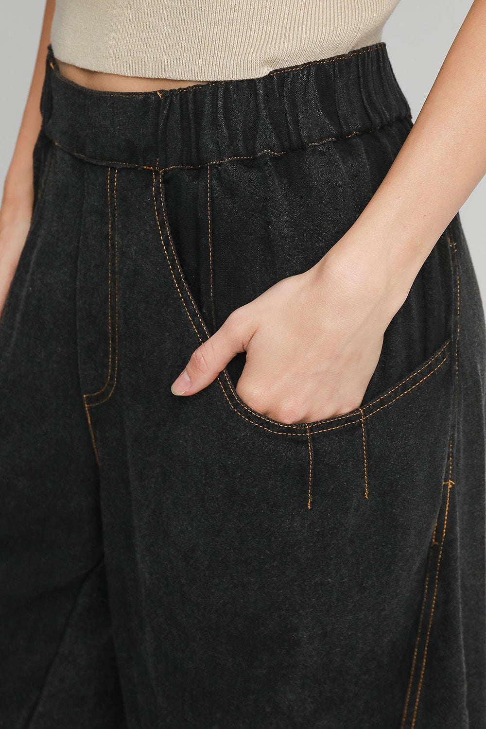 Elastic Waist Baggy Fit Pants with Pockets