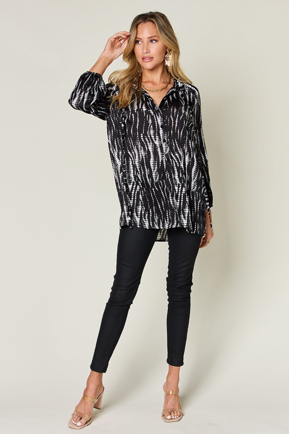 Double Take Printed Button Up Long Sleeve Shirt