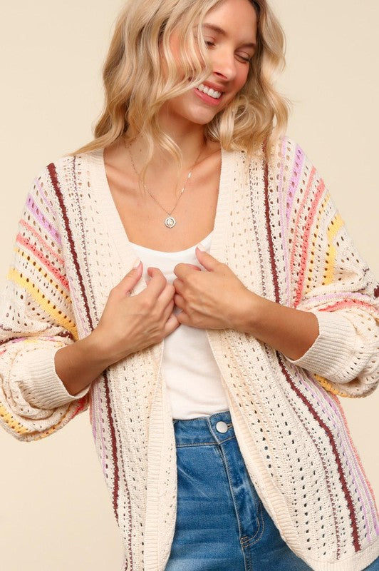 Haptics Striped Crochet Open Front Cardigan