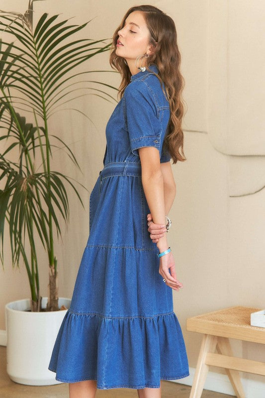 Tiered Button Down Tie Waist Short Sleeve Denim Dress